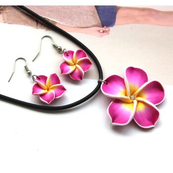 Schmuckset Blüten Ohrstecker & Collier weiß fuchsia...