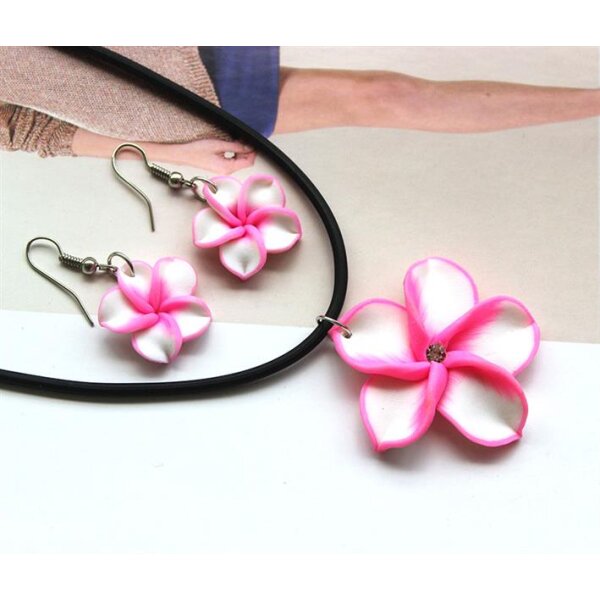 Schmuckset Blüten Ohrstecker & Collier pink weiß im Etui