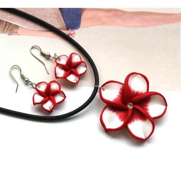 Schmuckset Blüten Ohrstecker & Collier rot weiß im Etui