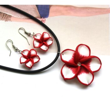 Schmuckset Blüten Ohrstecker & Collier rot weiß im Etui