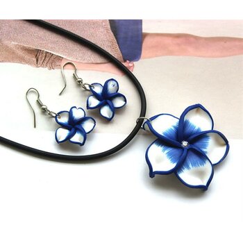 Schmuckset  Blüten Ohrstecker  & Collier  blau weiß  im Etui