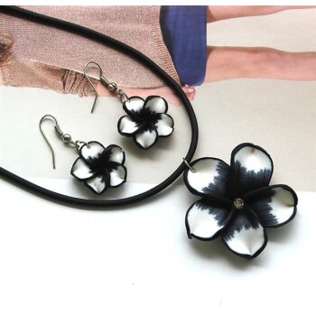 Schmuckset Blüten Ohrstecker & Collier schwarz weiß...