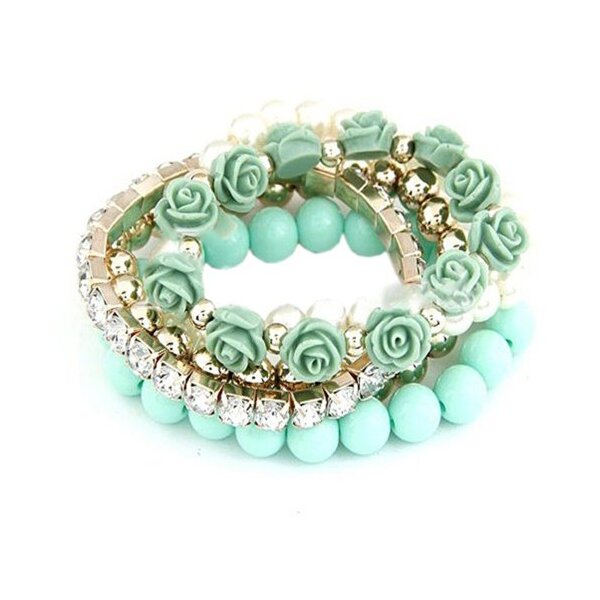 Rosen & Perlen Armbänder SET 5 tlg. pastell grün im Organza Beutel