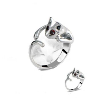 Katzen Ring Silber mit Strass Augen rot im Schmuckbeutel