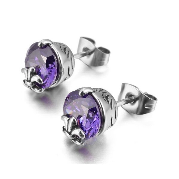 1 Paar Ohrstecker / Plug Fleur des Lis mit Amethyst  Edelstahl im Schmuck Beutel