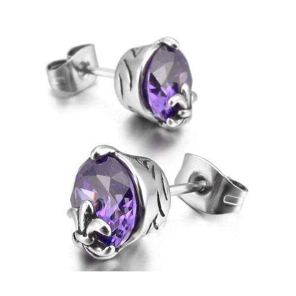 1 Paar Ohrstecker / Plug Fleur des Lis mit Amethyst  Edelstahl im Schmuck Beutel