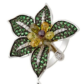 Ring Blüte grüne Smaragde & weiße Topase vergoldet im Etui