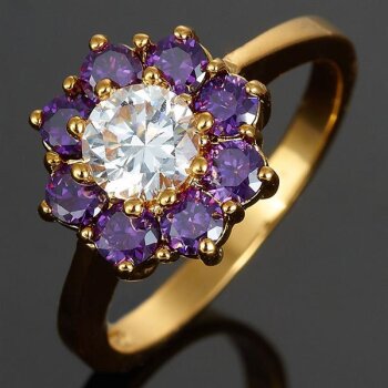 Ring Blüte Amethyste & Zirkonia weiß vergoldet im Etui...