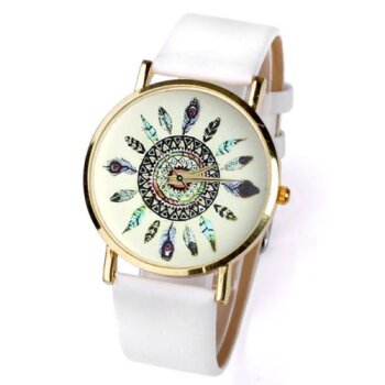Damen Armbanduhr vintage Feder Gelbgold PU Leder weiß