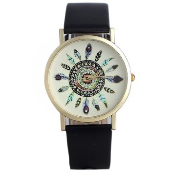 Damen Armbanduhr vintage Feder Gelbgold PU Leder schwarz