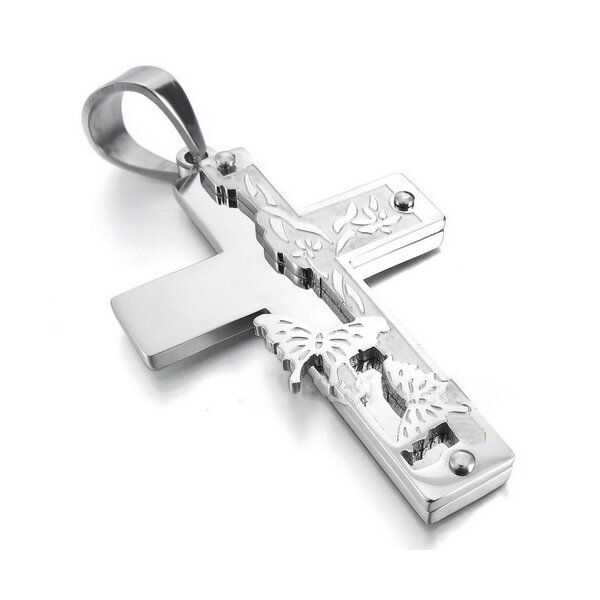Kreuz Anhänger Schmetterlinge 3D  Edelstahl inkl. Kette  im Etui GRAVUR OPTION
