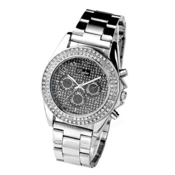 Damen Edelstahl Armbanduhr Silver & Black Strass GLAM...