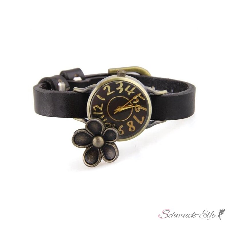 Damen Armbanduhr Vintage Flower Echt Leder Schwarz 29 99