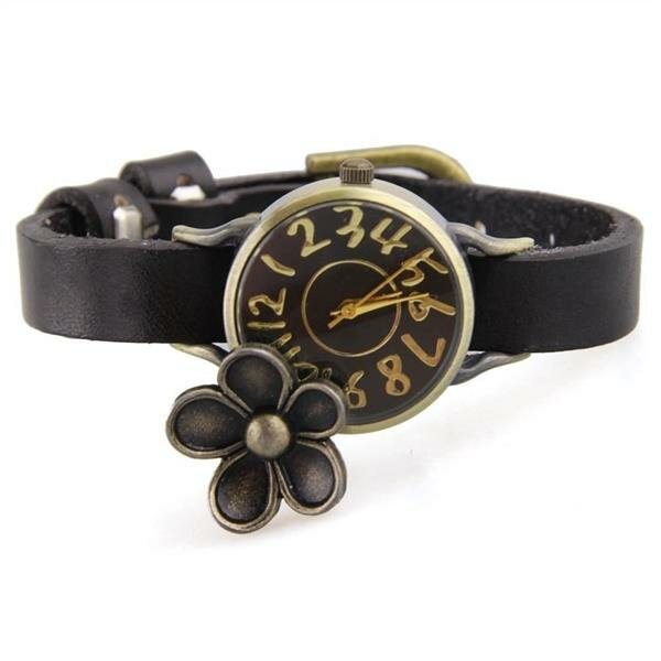 Damen Armbanduhr vintage Flower Echt Leder schwarz