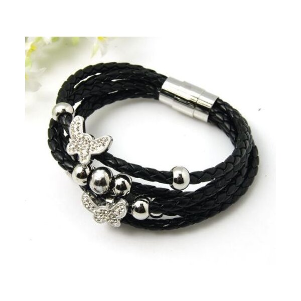 PU Lederarmband Silber Schmettering &  Perlen mit Strass schwarz  im Organza Beutel