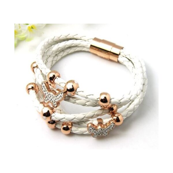 PU Lederarmband Rosegold Schmettering &  Perlen mit Strass weiß  im Organza Beutel