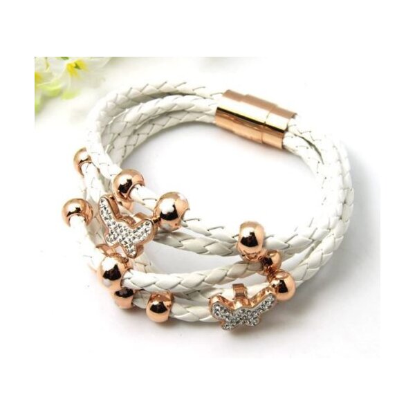 PU Lederarmband Rosegold Schmettering &  Perlen mit Strass wei  im Organza Beutel