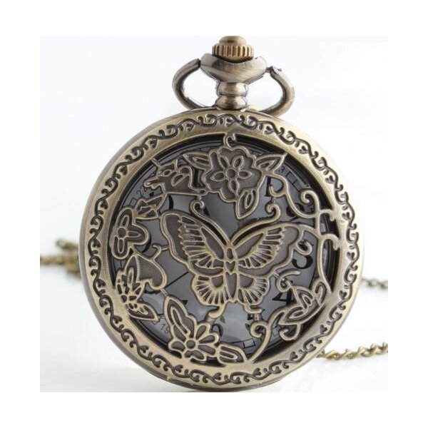 lange Kette mit runder Taschen Uhr Schmetterling & Blüten...