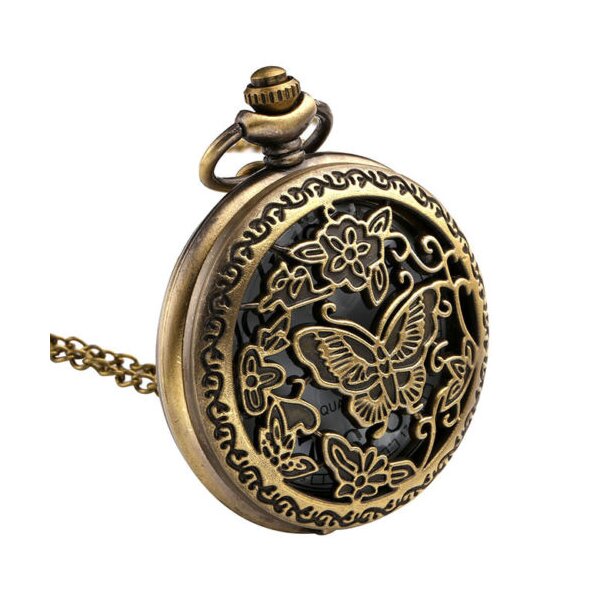 lange Kette mit runder Taschen Uhr Schmetterling & Blüten...