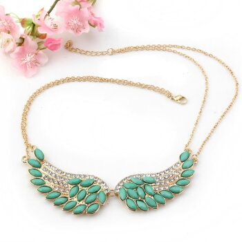 Strass Collier Engelsflügel cyan gold im Schmuck Beutel