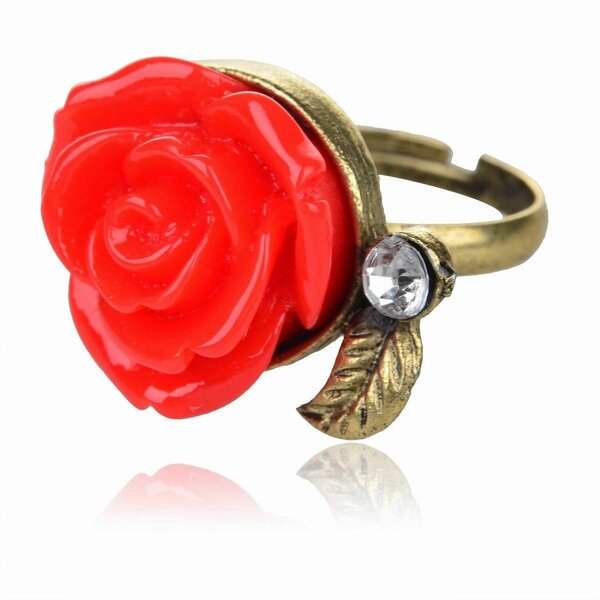 Ring  Rosenblüte rot  mit Strass antik gold