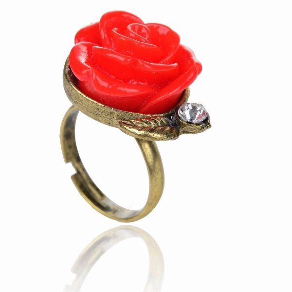 Ring Rosenblüte rot mit Strass antik gold