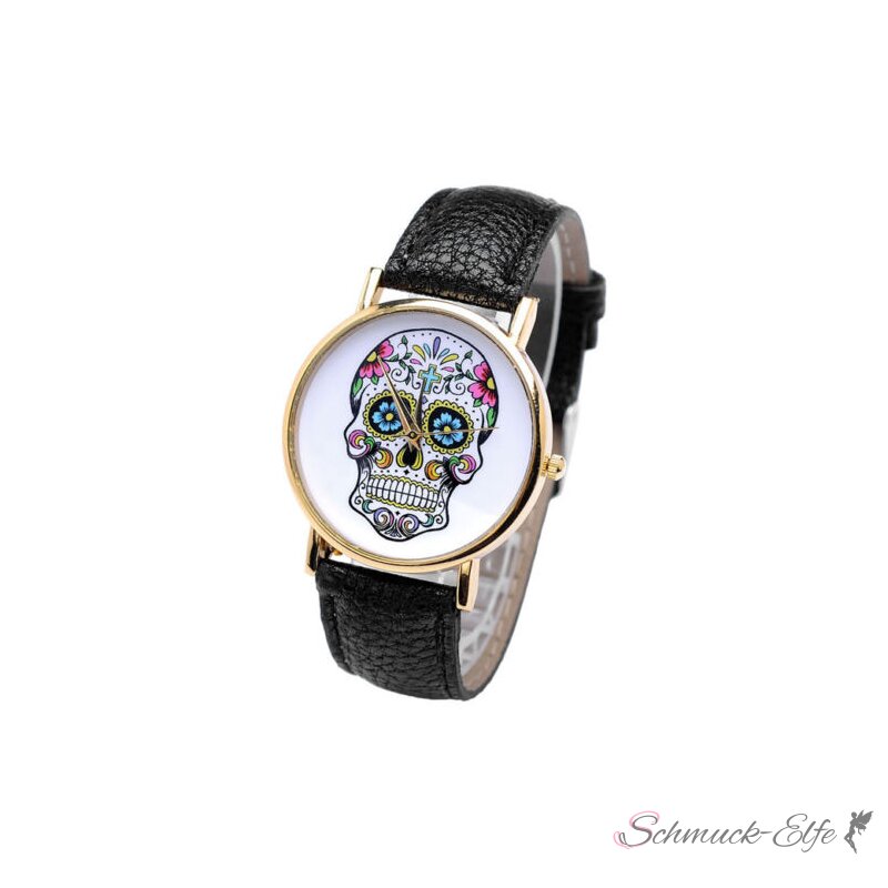 Damen Armbanduhr Totenkopf Gelbgold Pu Leder Schwarz 34 99