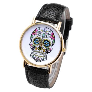 Damen Armbanduhr Totenkopf Gelbgold PU Leder schwarz