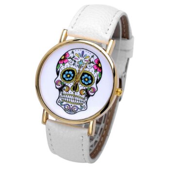 Damen Armbanduhr Totenkopf Gelbgold PU Leder weiß