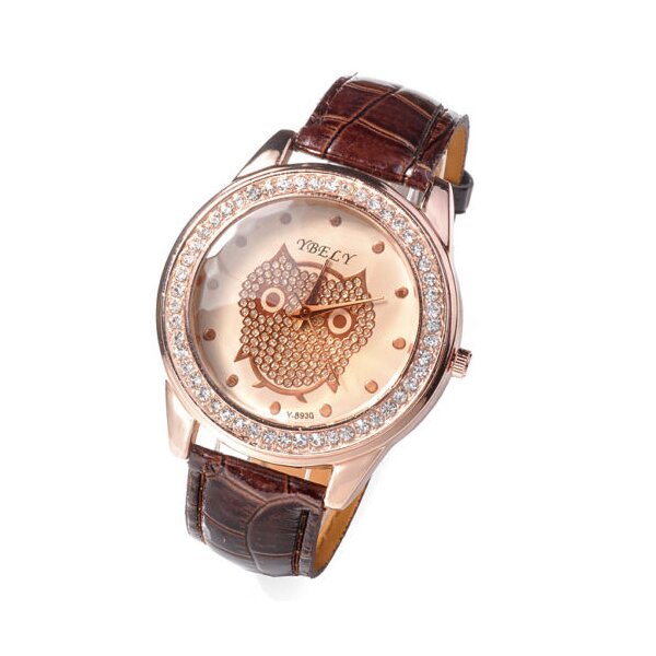 Damen Armbanduhr Strass Eule Rosegold schoko