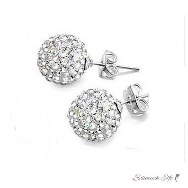 1 Paar Shamballa Strass Ohr Stecker versilbert  wei im weien Organza Beutel