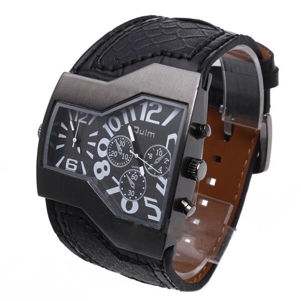 Militär Uhr Echt Leder Armband schwarz Dual Uhrwerk