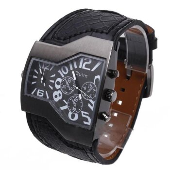 Militär Uhr Echt Leder Armband schwarz Dual Uhrwerk