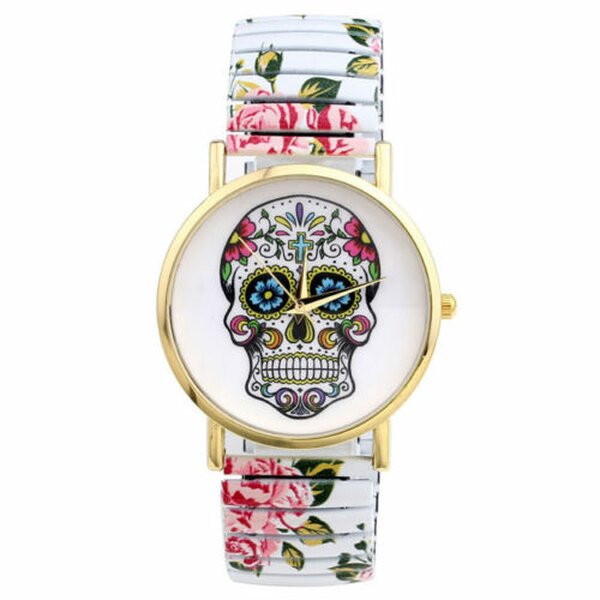 Damen Armbanduhr Totenkopf mit Rosenblüten Armband Edelstahl