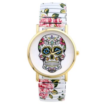 Damen Armbanduhr Totenkopf mit Rosenblüten Armband Edelstahl