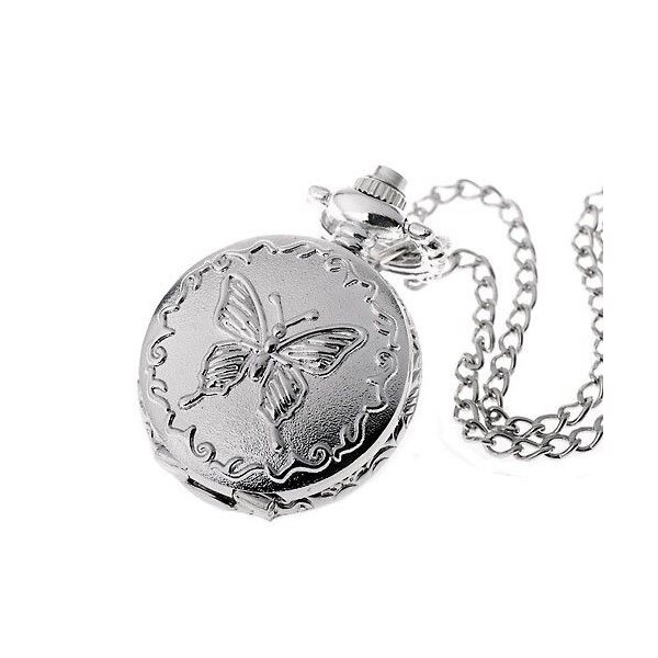 lange Kette mit runder Taschen Uhr Retro Butterfly  Silber im weißen Organza Beutel