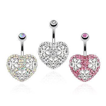 Bauchnabel Piercing Strass Herz mit Blüten Chirurgenstahl...