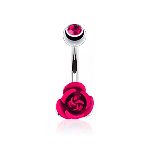 Bauchnabel Piercing Rosen Blüte mit Zirkonia magenda pink  316 L Edelstahl