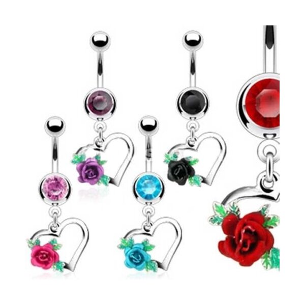 Bauchnabel Piercing Rosen Blüte mit Herz  316 L  Chirurgen Stahl Farbwahl