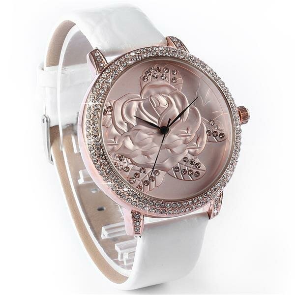 Damen Armbanduhr 3D Rose mit Zirkonias  Rosegold weiß