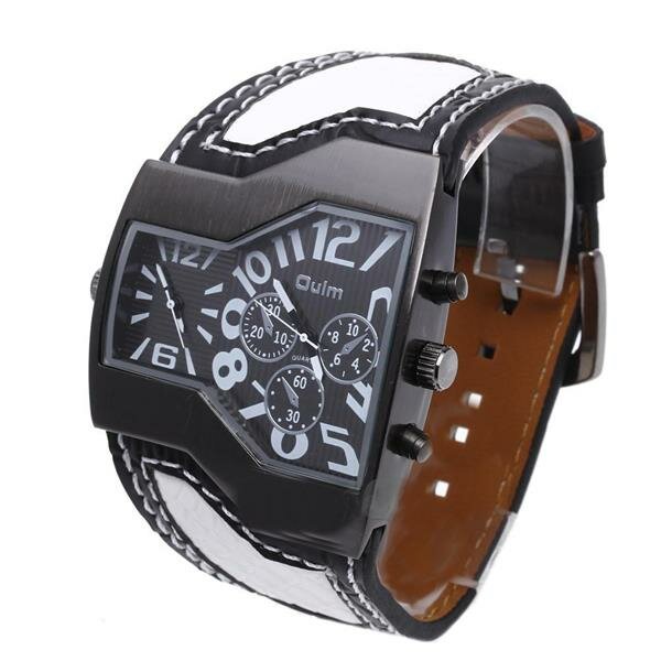 Militär Uhr  Echt Leder Armband schwarz / weiß   Dual Uhrwerk