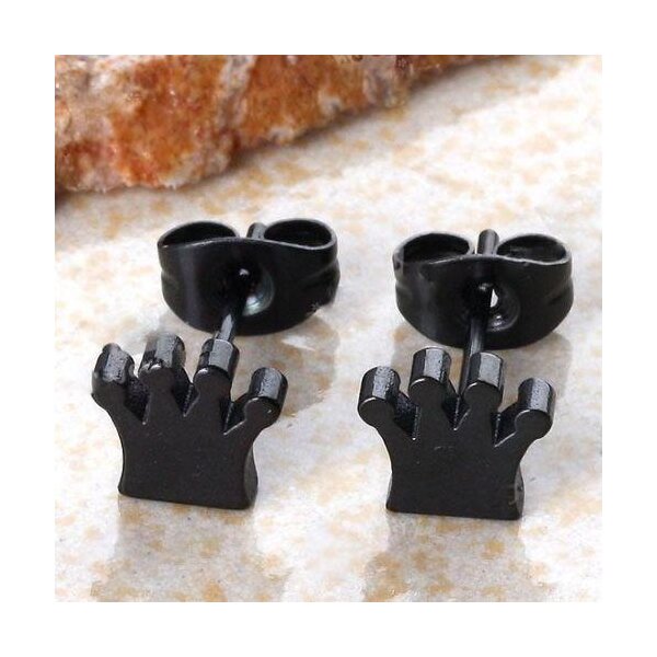 1 Paar Kronen Ohrstecker Edelstahl schwarz  im weißen Organza Beutel