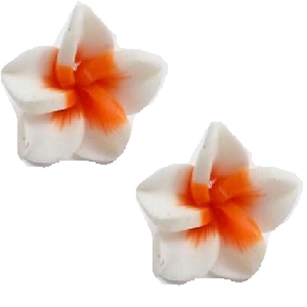 1 Paar FIMO Blüten Ohrstecker  weiß orange im weißen Organza Beutel