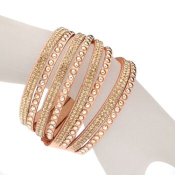 Wickel Lederarmband Glam Strass & Nieten sand