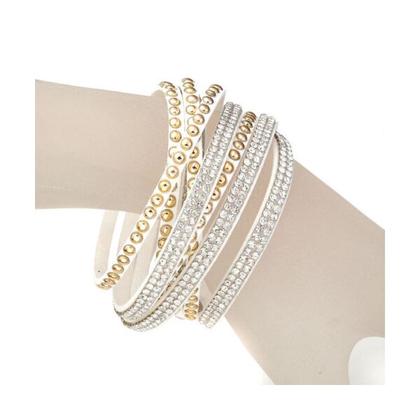 Wickel Lederarmband Glam Strass & Nieten wei gold