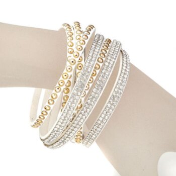 Wickel Lederarmband Glam Strass & Nieten wei gold