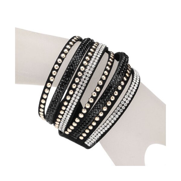 Wickel Lederarmband Glam Strass & Nieten wei gold schwarz