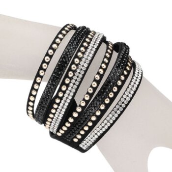 Wickel Lederarmband Glam Strass & Nieten weiß gold schwarz