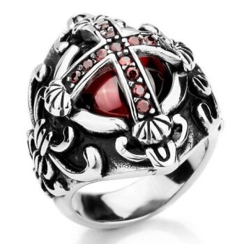Siegel Ring Kreuz Rubin 316L Edelstahl im Etui