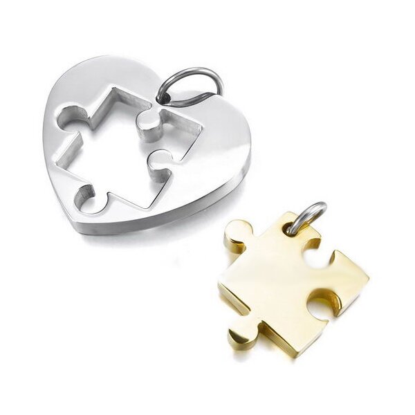 Partnerketten Puzzle gold mit Herz silber Edelstahl inkl. Ketten im Etui GRAVUR OPTION